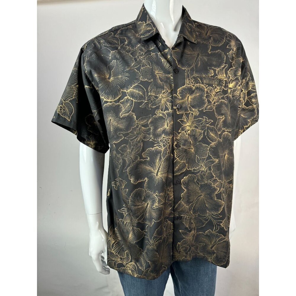 Rima Beach World XL Black & Gold Floral Hawaiian Short-Sleeve Shirt